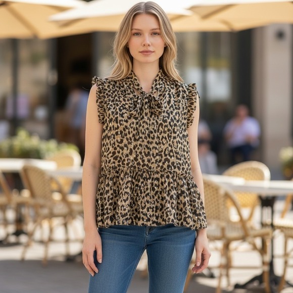 kate spade new york Tops - Kate Spade Metallic Leopard Clip Dot Peplum Blouse Silk Bow Tie Tank Top L